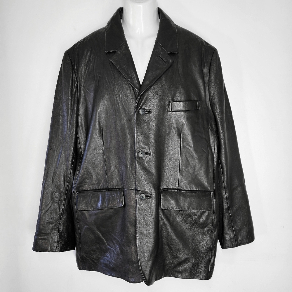 Perry Ellis Men's XL Blazer Portfolio Jacket Black Lambskin Leather Collar Lined